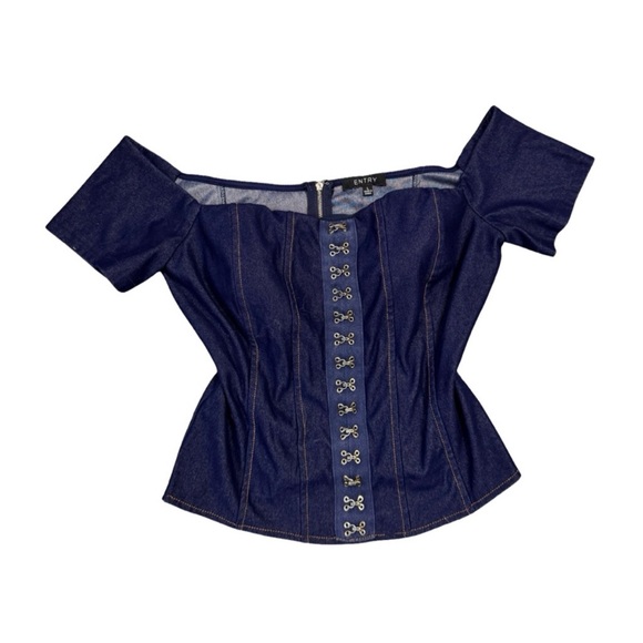 Vintage Y2K Off Shoulder Denim Corset Top Size Large Blue - Picture 2 of 10